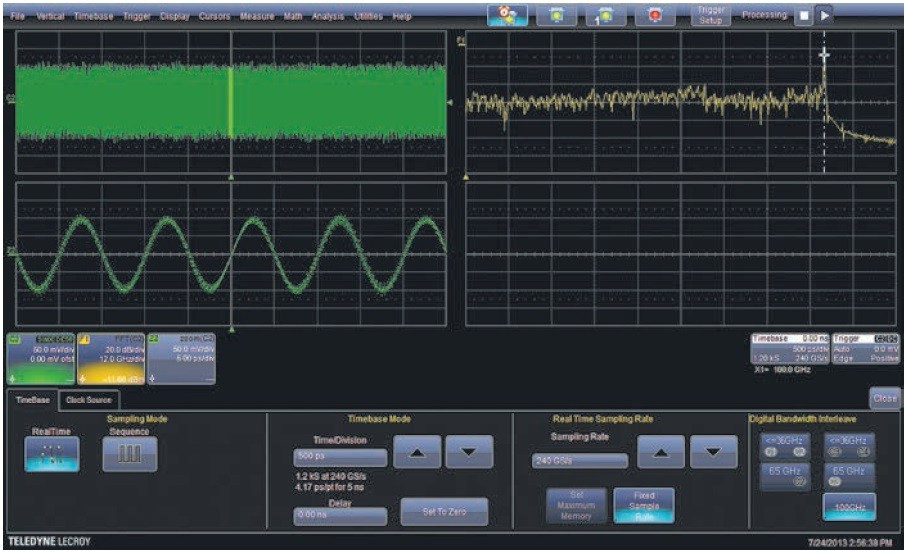 Obr. 2 Časový průběh sinusového signálu 100 GHz v reálném čase